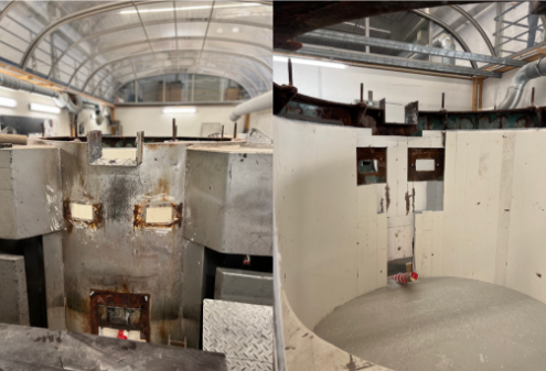 The modernization starts with a relining of the refractory. Light but stable and above all harmless materials are used. At the same time, the steel construction is beautified, if necessary.